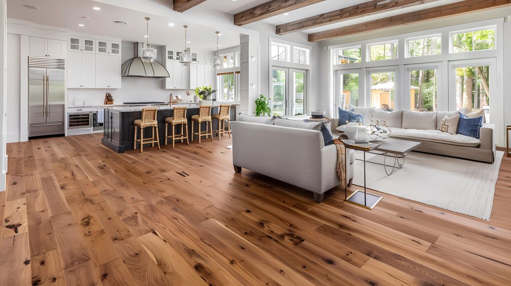 Grand salon lumineux ouvert sur une cuisine américaine avec un plancher en bois massif. 